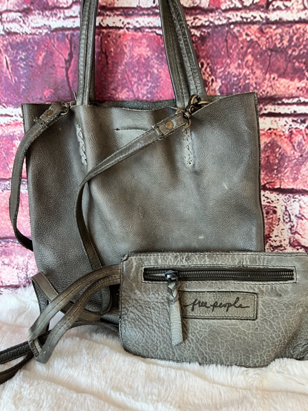 Free People We The Free Distressed Grey Leather Mini Crossbody Tote & Wallet Set